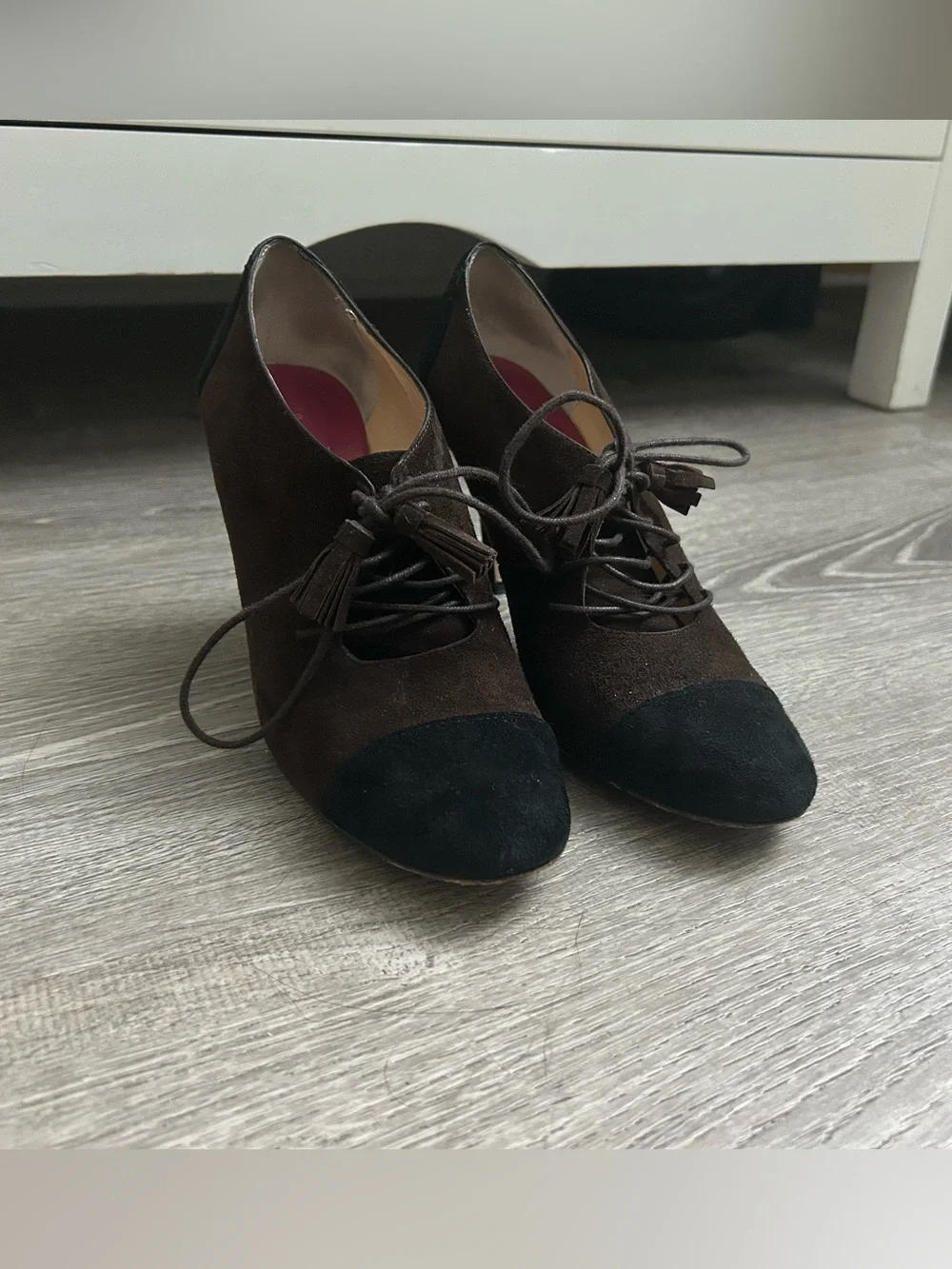 kate spade Brown and Black Suede Lace-Up Heels with Tassel Laces
